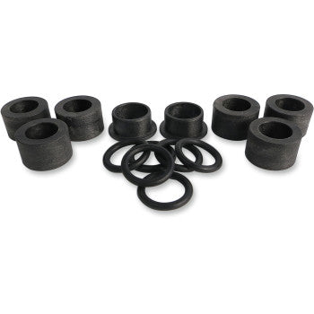 The A-Arm Bushing Kit Front by Epi includes eight black cylindrical bushings and six rubber O-rings on a white background, all engineered for OEM quality performance.
