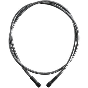 The KARBONFIBR Brake Line 50" by Magnum Shielding is a coiled, high-performance motorcycle brake line with black connectors and a carbon fiber braid, displayed in a loop on a white background.