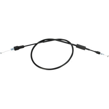 The Yamaha Black Vinyl Throttle Cable 40 1/4" by Moose Offroad is shown curled in a loose loop on a white background, featuring connectors at both ends and a steel inner casing for added durability.