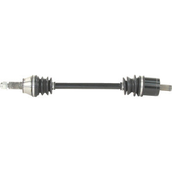 Black metal front CV axle shaft with rubber protective boots on both ends and metal spline connectors.