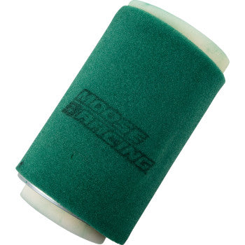A cylindrical green foam Kawasaki Precision Pre Oiled Air Filter by Moose Offroad, flame resistant with black MOOSE RACING logo, white plastic or rubber ends, designed for use with Moose Racing filter oil.