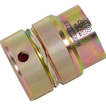 Gold-toned metal split fork seal driver with knurled grip and 48MM size marking.
