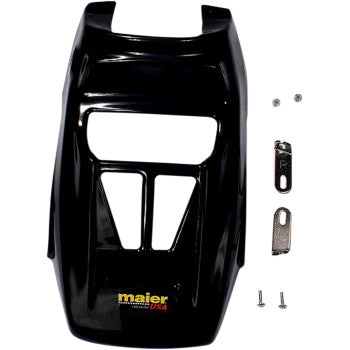 Glossy black hood cover with angular cutouts and Maier logo, includes mounting hardware.