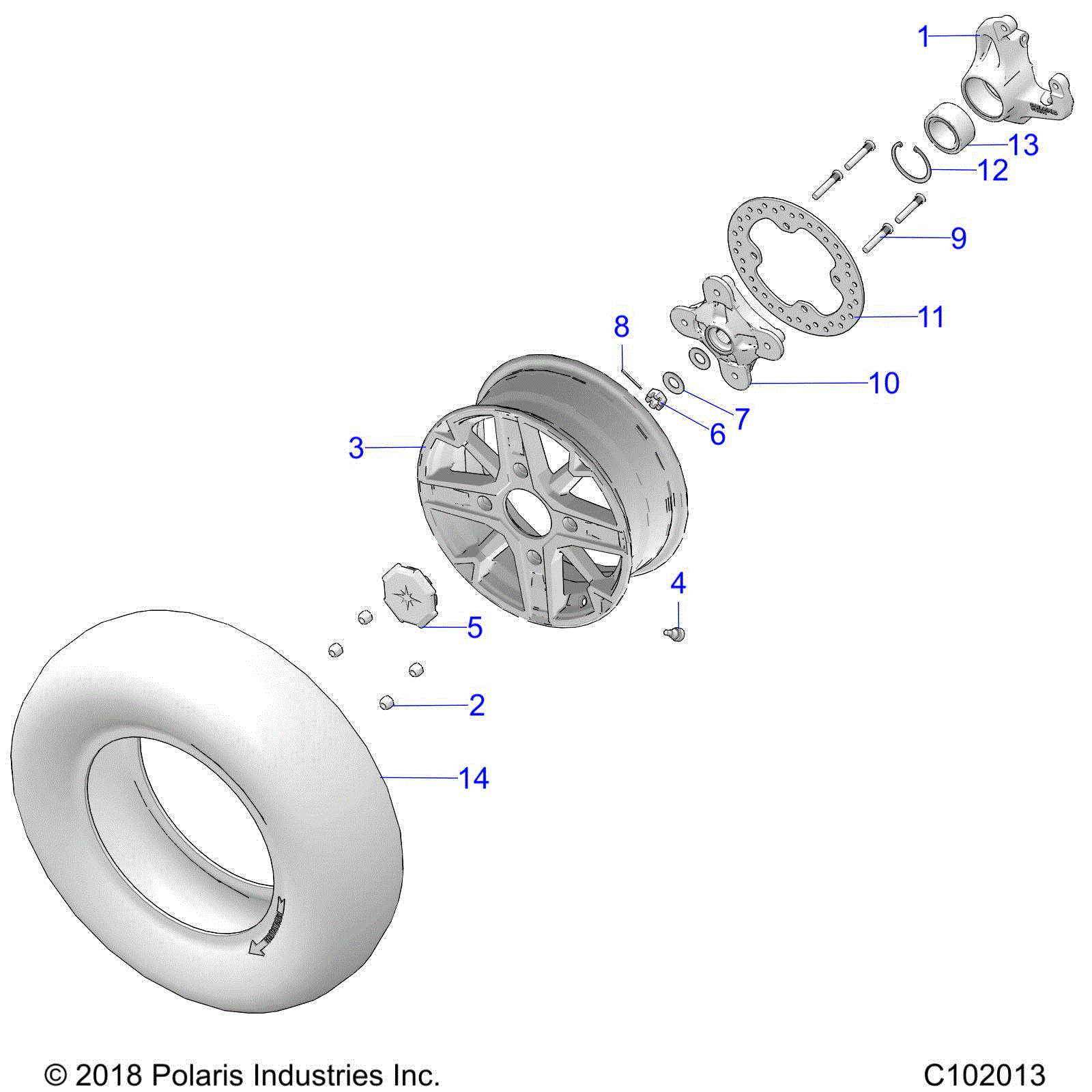 An Image of a Genuine Polaris Parts Schematic Diagram showing the schematic - WHEELS: FRONT and HUB - 2019 POLARIS SPORTSMAN 1000 XP 48