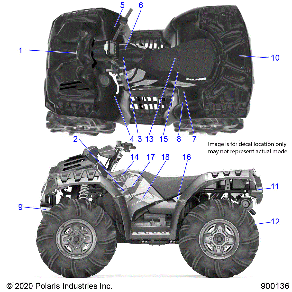 An Image of a Genuine Polaris Parts Schematic Diagram showing the schematic - BODY: DECALS - 2020 POLARIS SPORTSMAN 850 HIGH LIFTER