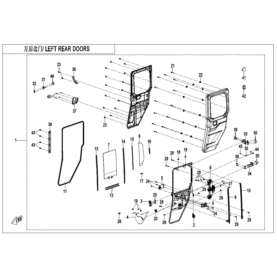 Exploded diagram of a vehicle’s left rear door assembly, highlighting numbered parts like the Rear Window Lifter LH by CFMOTO—ideal for identifying OEM parts. Diagram is labeled “LEFT REAR DOORS” at the top.