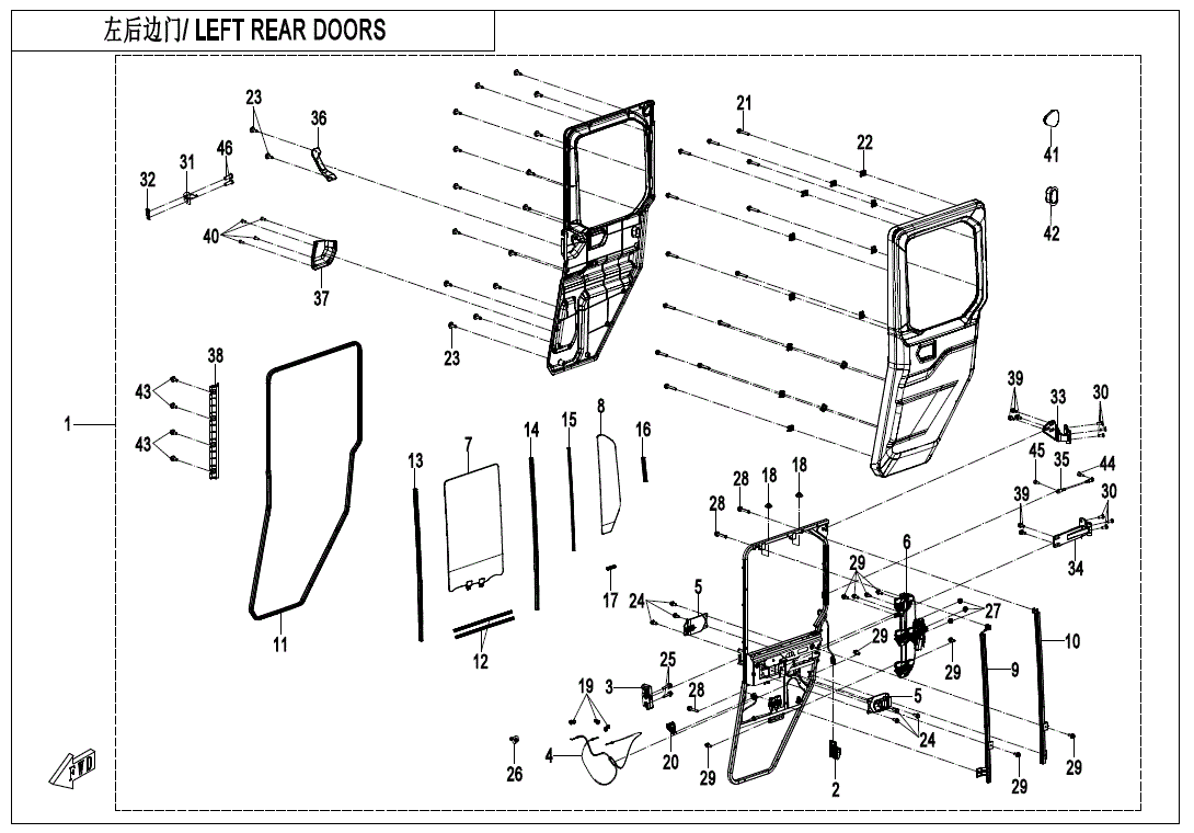Exploded diagram of the CF Moto Door Fullpower Left Rear XL displays numbered parts like frame, glass, handles, and mechanisms. English and Chinese labels aid assembly—ideal for finding OEM parts at Witchdoctors.com.