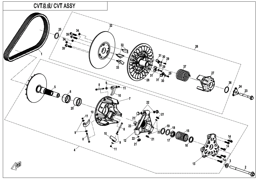 Exploded diagram of the Driven Fixed Sheave Assembly by CF Moto for UTV & ATV models, with numbered parts like belt, pulleys, gears, shafts, and bearings. Find genuine CF Moto OEM parts at Witchdoctors.com.