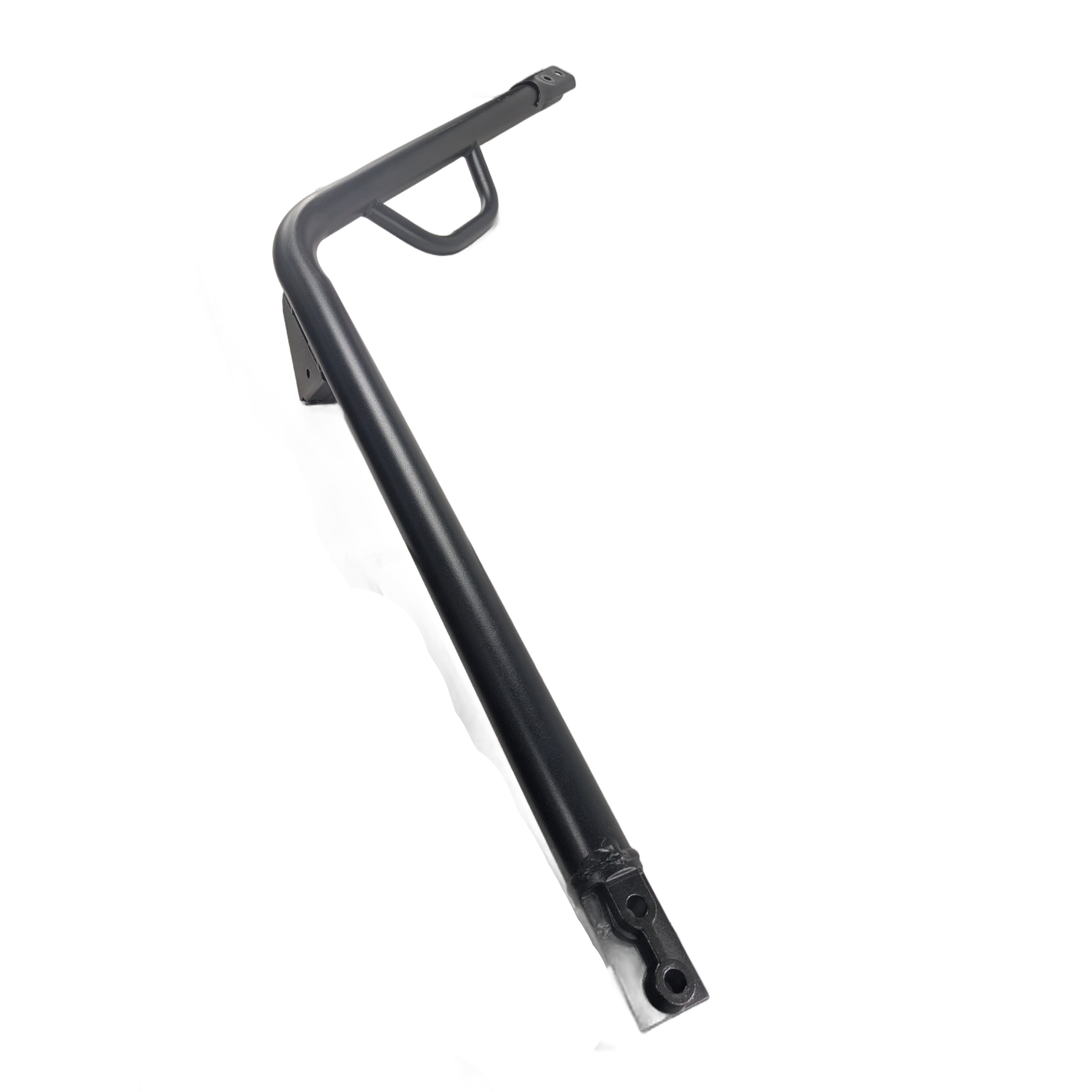 A textured black Bar-Comp A-Pillar (Right Hand Side) by Kawasaki, featuring an angled handle-like grip and mounting holes, photographed on a white background—ideal for upgrading your Kawasaki UTV with authentic OEM parts.