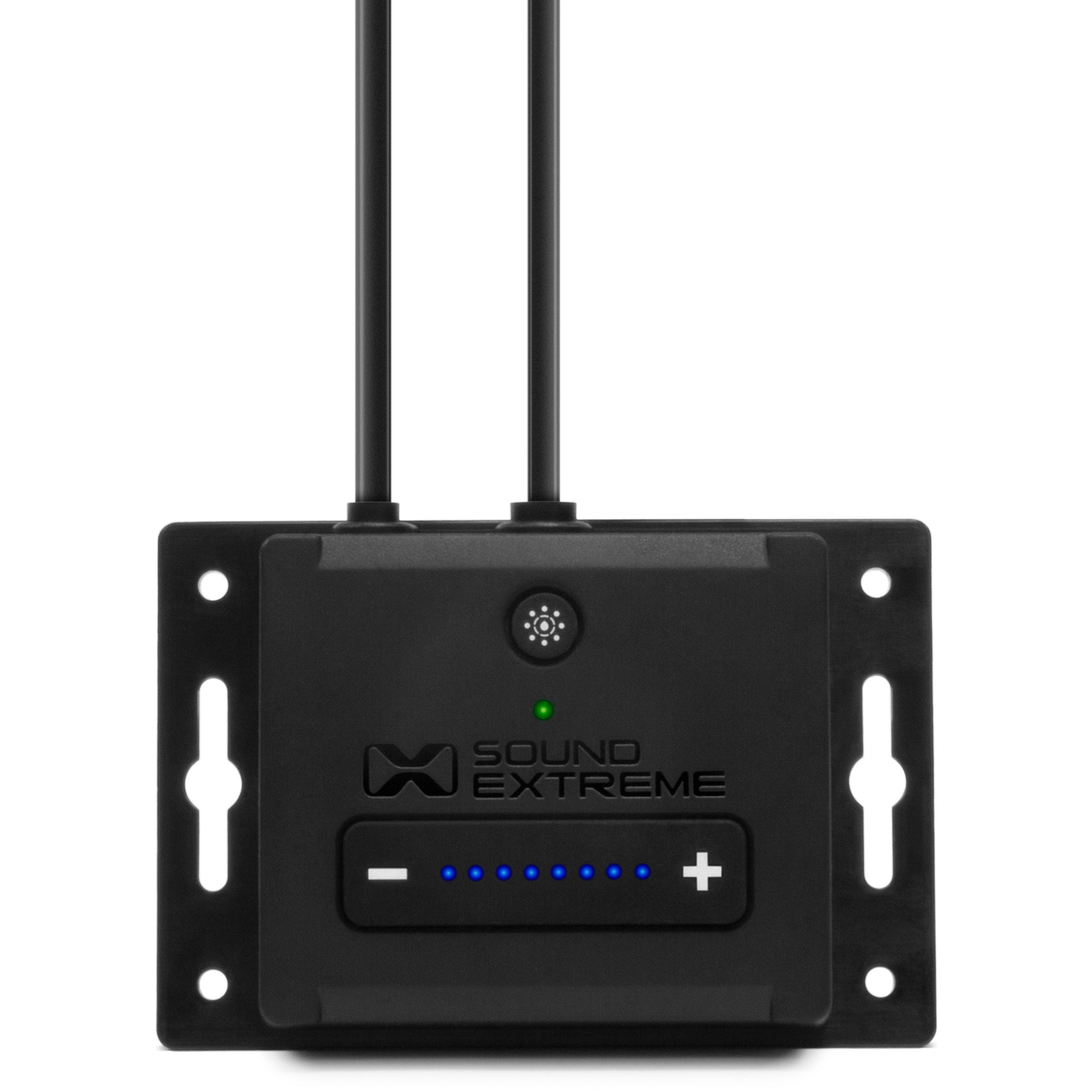 The Ecocast Wireless Audio Receiver by EcoXGear is a black, IPX7 waterproof sound system featuring two top cables, a green LED indicator, central button, blue LED row, plus and minus buttons on a rectangular mounting plate.