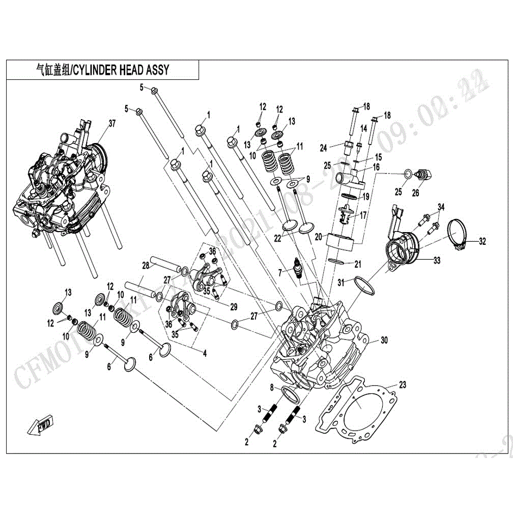 An Image of a genuine CFMOTO Parts Schematic Diagram showing the group - CYLINDER HEAD ASSY. - 2021 CFMOTO CFORCE 400