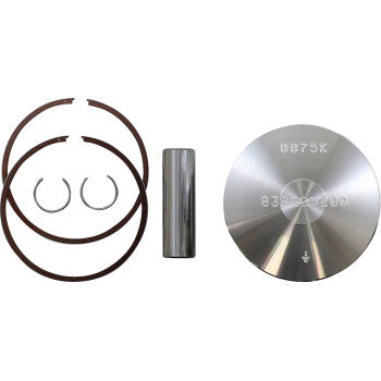 The Polaris Piston Kit 52.00 mm by Wiseco includes a high-silicon alloy piston, two rings, two circular clips, and a cylindrical pin—essential 2-stroke powersports engine components shown on a white background.
