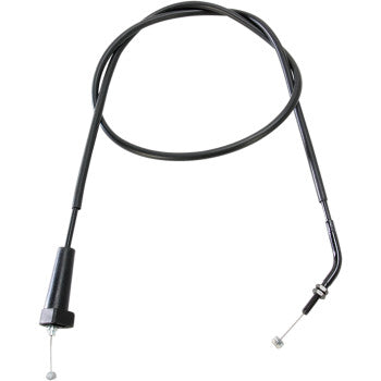 The Arctic Cat Black Vinyl Throttle Cable 33 1/2" by Moose Offroad features a steel inner casing, black PVC jacket, exposed metal wire at both ends—a straight end with cylindrical fitting and a bent end with angled fitting.
