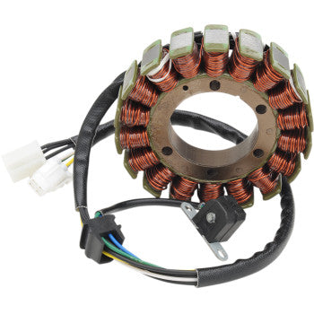 Copper wire wound stator coil with black wiring harness and white electrical connectors.