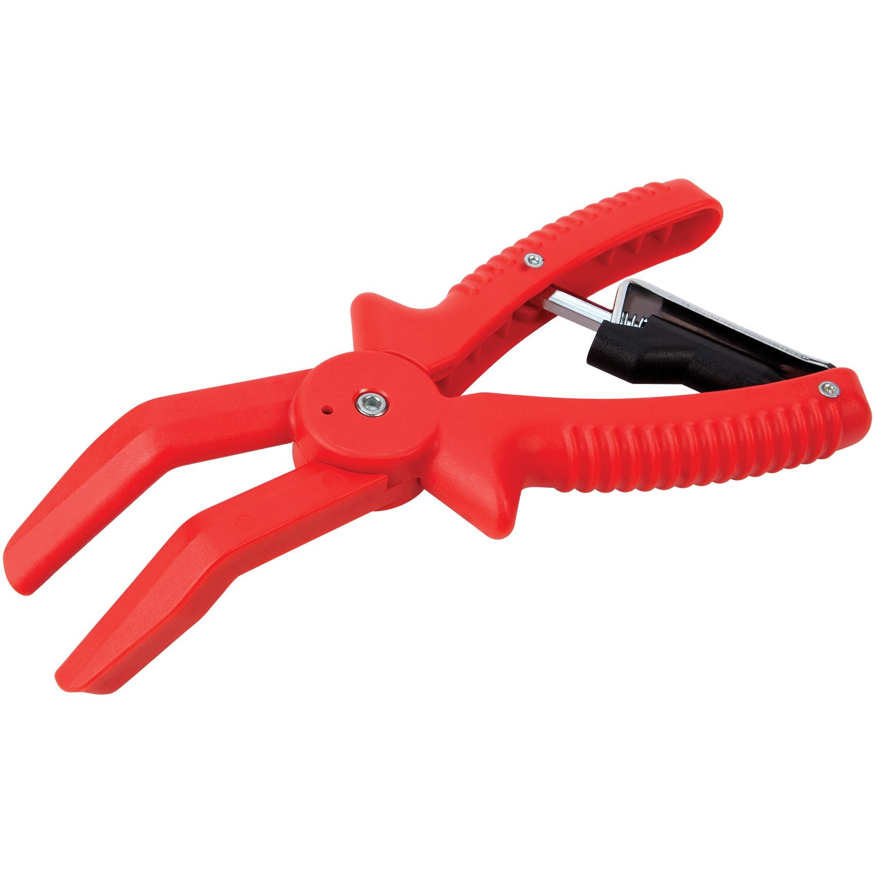 The Hose Clamping Pliers by Performance Tool are shown open, featuring red plastic ridged handles, wide angled jaws, and a metal spring near the handles—ideal for use as a fuel line clamp.