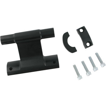 The Powermadd Powerriser 475 Pivoting Handlebar Risers (3 x 4-3/4 for oversized handlebars) in black aluminum, with dual pivots, curved clamp, and four silver screws, shown on a white background.