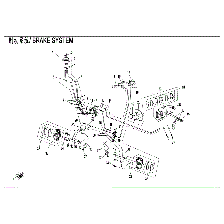 An Image of a genuine CFMOTO Parts Schematic Diagram showing the group - BRAKE SYSTEM (USA) - 2019 CFMOTO CFORCE 400