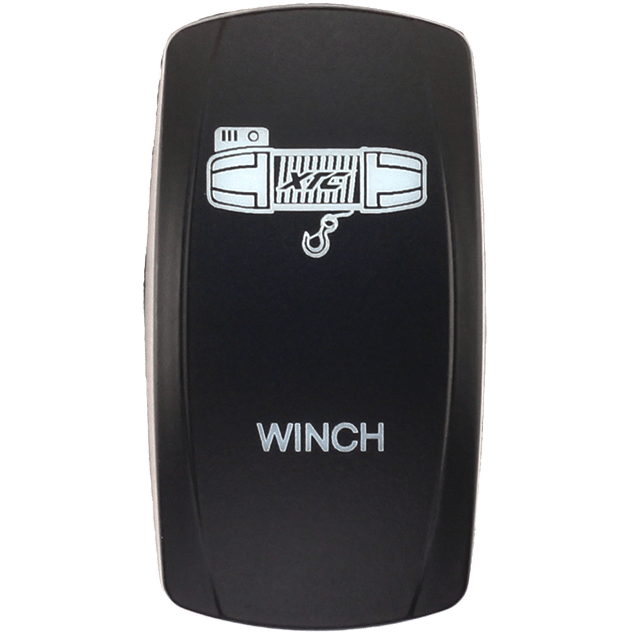The Dash Switch Rocker Face Winch by XTC Power is a black rectangular switch featuring a white winch symbol and the word WINCH in white letters below the symbol.