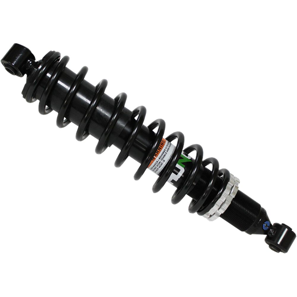 A Yamaha Grizzly UTV/ATV Front Gas Shock by Bronco, featuring a black coilover with a metal spring and adjustment rings, is shown against a white background. Available at Witchdoctors.com for suspension systems.