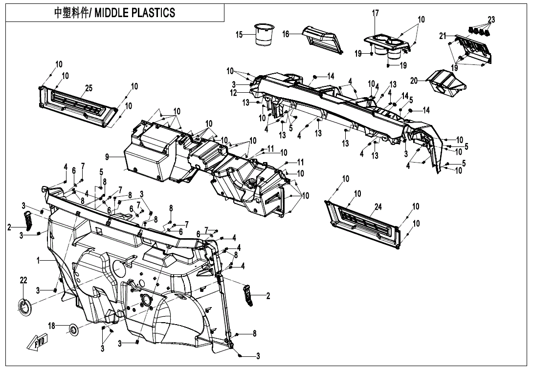 Exploded diagram of CF Moto Upper Body Dashboard (Replaces 5Asv-043011-6R00) with numbered parts and arrows for assembly or ID. Chinese and English title “MIDDLE PLASTICS” at top left. OEM part available from Witchdoctors.com.
