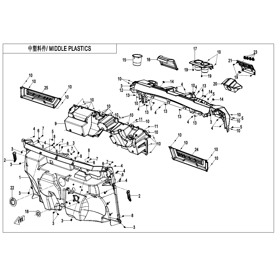 An Image of a Genuine CFMOTO Parts Schematic Diagram showing the schematic - MIDDLE PLASTICS - 2025 CFMOTO UFORCE 600