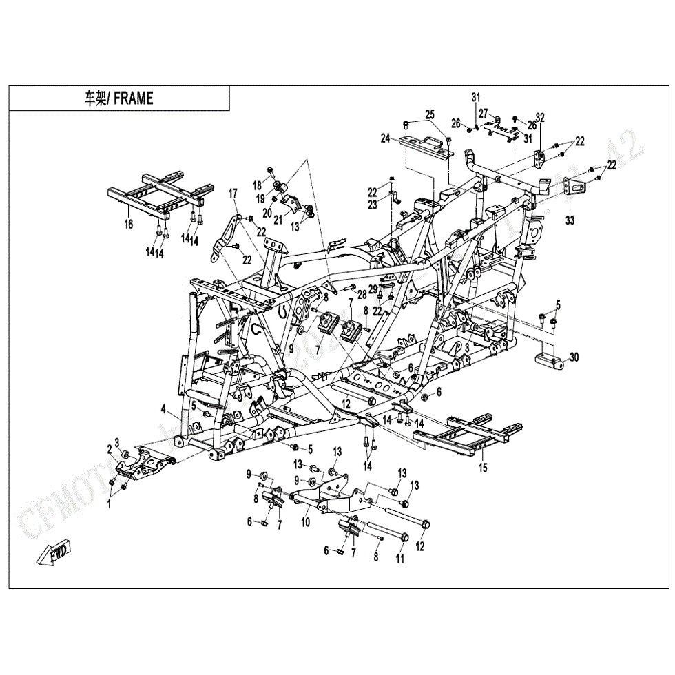 An Image of a genuine CFMOTO Parts Schematic Diagram showing the group - FRAME - 2022 CFMOTO CFORCE 600