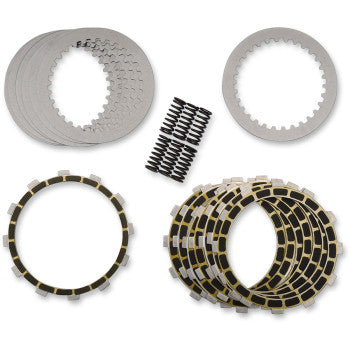 The Clutch Kit by Barnett, including friction plates, steel drive plates, and clutch springs, is displayed neatly on a white background.