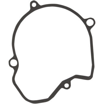 The KTM Magneto Cover Gasket by Cometic is a black, irregularly-shaped stator cover gasket with four bolt holes, featuring a rounded top and angular lower section. Made from durable AFM material for effective engine sealing.