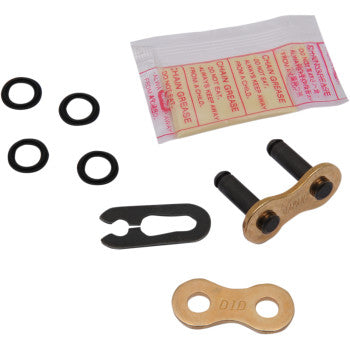 The ATV 520 2 Connecting Link Clip by Did includes two gold plates, two pins, four black O-rings, a metal clip, and chain grease packet—all displayed on a white background.