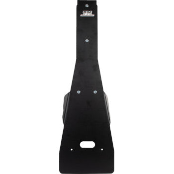 The Honda TRX Skid Plate Black by T.M. Designworks is a lightweight composite plastic plate with an angular, elongated shape, visible bolts, a top-center logo, and a rectangular cutout for undercar protection and smoother rides.