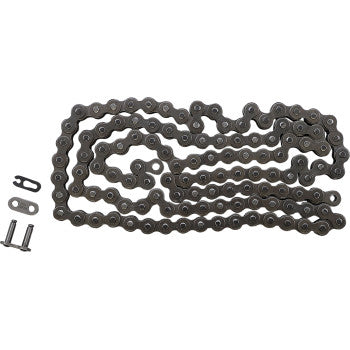 A 428 HD Standard Drive Chain 118 Links by DID is laid out flat on a white background, showing its high tensile strength. Beside it are a master link and two small connecting pins.