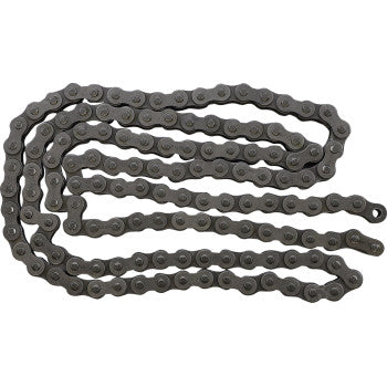 The 428 Standard Non Sealed Chain by Ek, featuring 132 interconnected links and a master link, is shown coiled and laid flat on a white background.