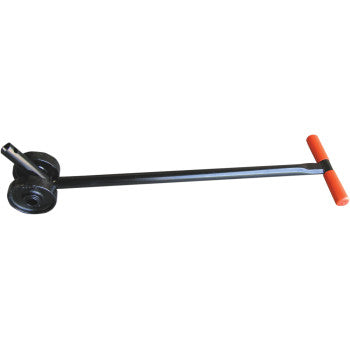 Black metal Dolly Bike Lift with two small wheels and orange handle grips.