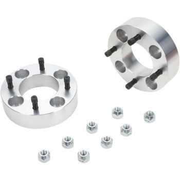 Two Spacer with Stud Wheel Rear 4 110 1-1/2 by High Lifter units, each silver with five holes, plus ten black studs and ten silver nuts on a white background—perfect for wheel adapters or aftermarket tires.