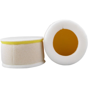 Two Suzuki Foam Air Filters by No Toil are shown: one upright with a yellow-tinted hollow center, the other on its side, revealing a white and beige exterior with a yellow band—perfect for No Toil air filtration systems.