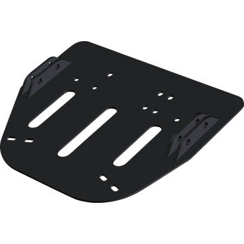 Black metal Polaris plow mount with multiple bolt holes and angled side brackets for UTV attachment.