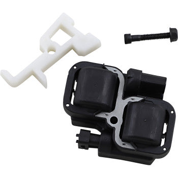 Black dual-coil ignition coil with metal frame, white plastic mounting bracket, and black bolt.