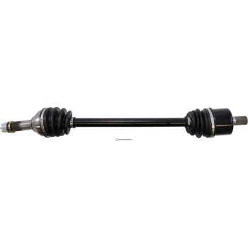 Black metal CV axle shaft with rubber protective boots on both ends and splined connectors for Can Am Defender vehicles.