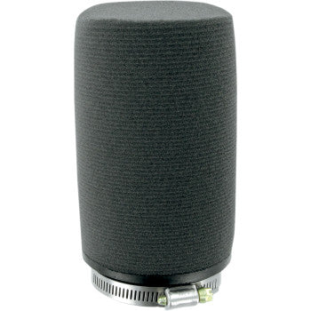 The Pod Air Filter Black Centered by Uni Filter is a cylindrical black foam air filter with a seamless design and metal clamp, engineered for automotive or motorcycle engines to deliver maximum airflow.