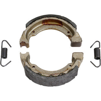 Brake Shoes by Ebc, featuring metallic construction with black friction material linings and two small side metal springs, displayed on a white background.