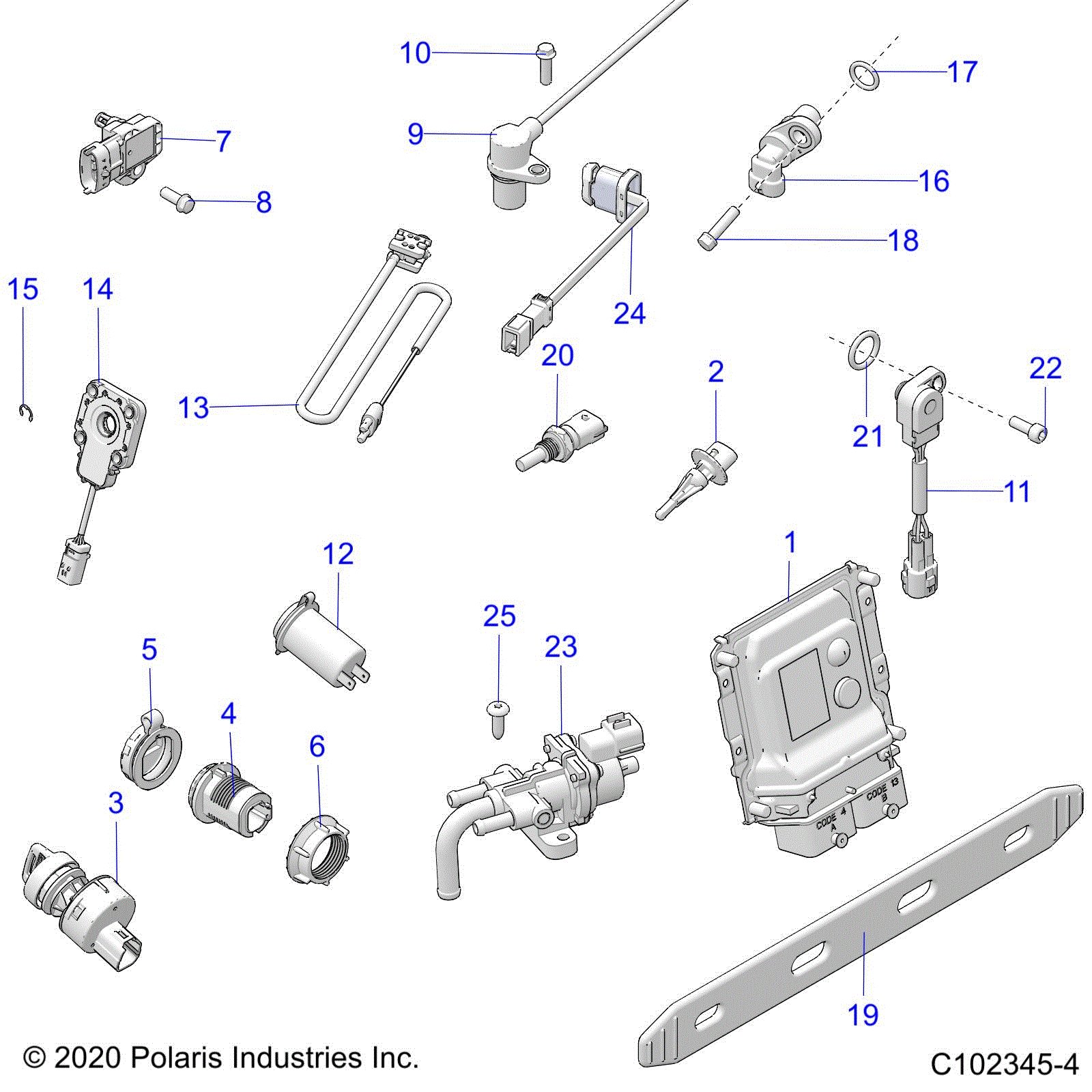 An Image of a Genuine Polaris Parts Schematic Diagram showing the schematic - ELECTRICAL: SWITCHES SENSORS ECU and CONTROL MODULES - 2021 POLARIS SPORTSMAN 850 EPS LE 48"