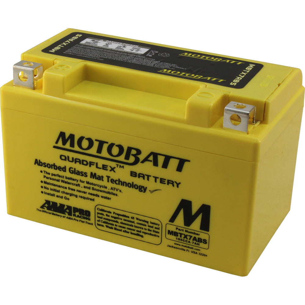 The Mbtx7Abs Sealed Factory Activated AGM Battery by MotoBatt is a yellow battery with black text and labels, a multi-terminal design on top, product info on the front, and advanced AGM technology for high performance.