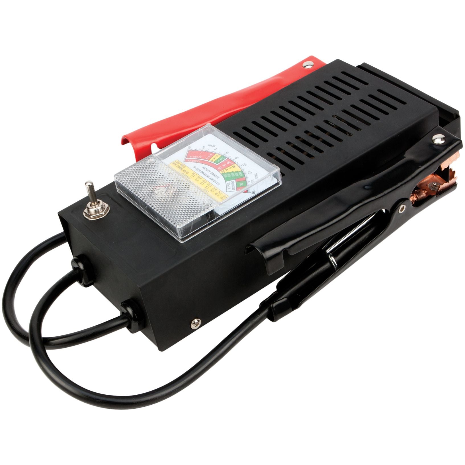 The Battery Load Tester by Performance Tool is a black automotive tester with a built-in analog meter, red and black alligator clamps, and a toggle switch for checking battery condition and voltage.