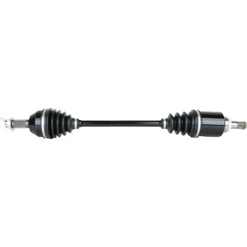 The Honda Pioneer Axle Kit Complete Standard Front Left 1000 Limited Edition by Moose Offroad features a black chrome-moly steel shaft with rubber boots, metal joints, and a straight rod, all precision-ground and shown on a white background.