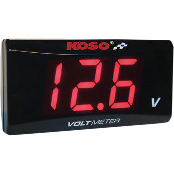 The Koso North America Super Slim Volt Meter features bright red digits, measures 2.22 x 1.06 x 0.43, and clearly displays voltage readings above the LCD screen.