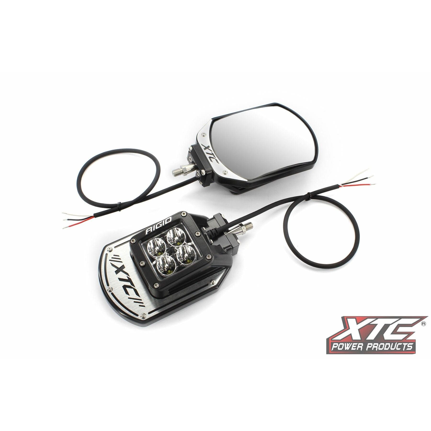 Two Side Mirrors Threaded 3/8 In. Stud By XTC Power feature built-in LED lights and wiring, branded with Rigid Industries and an XTC Power Products logo, perfect for pairing with the XTC Power Products Turn Signal System.