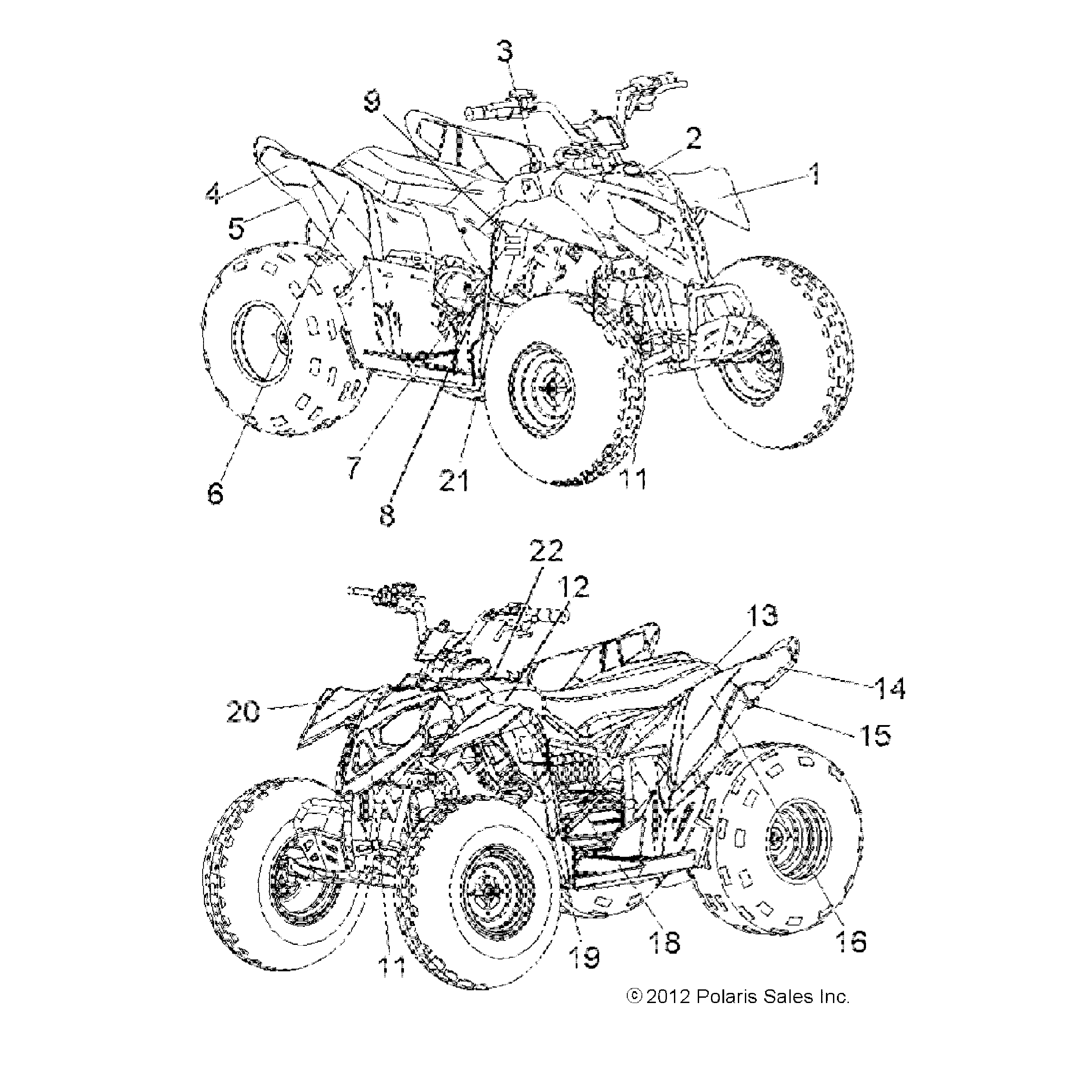 An Image of a Genuine Polaris Parts Schematic Diagram showing the schematic - BODY: DECALS - 2016 POLARIS OUTLAW 90