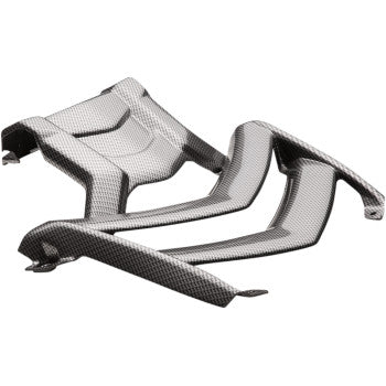 The Hood Black Carbon Louvered by Maier is a molded carbon fiber engine cover with a black and gray textured weave, angled surfaces, and cutouts—ideal for enhancing your Maier bodywork with a sleek custom style.