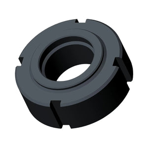 Black round metal steering stem nut with four notches and a central threaded hole.