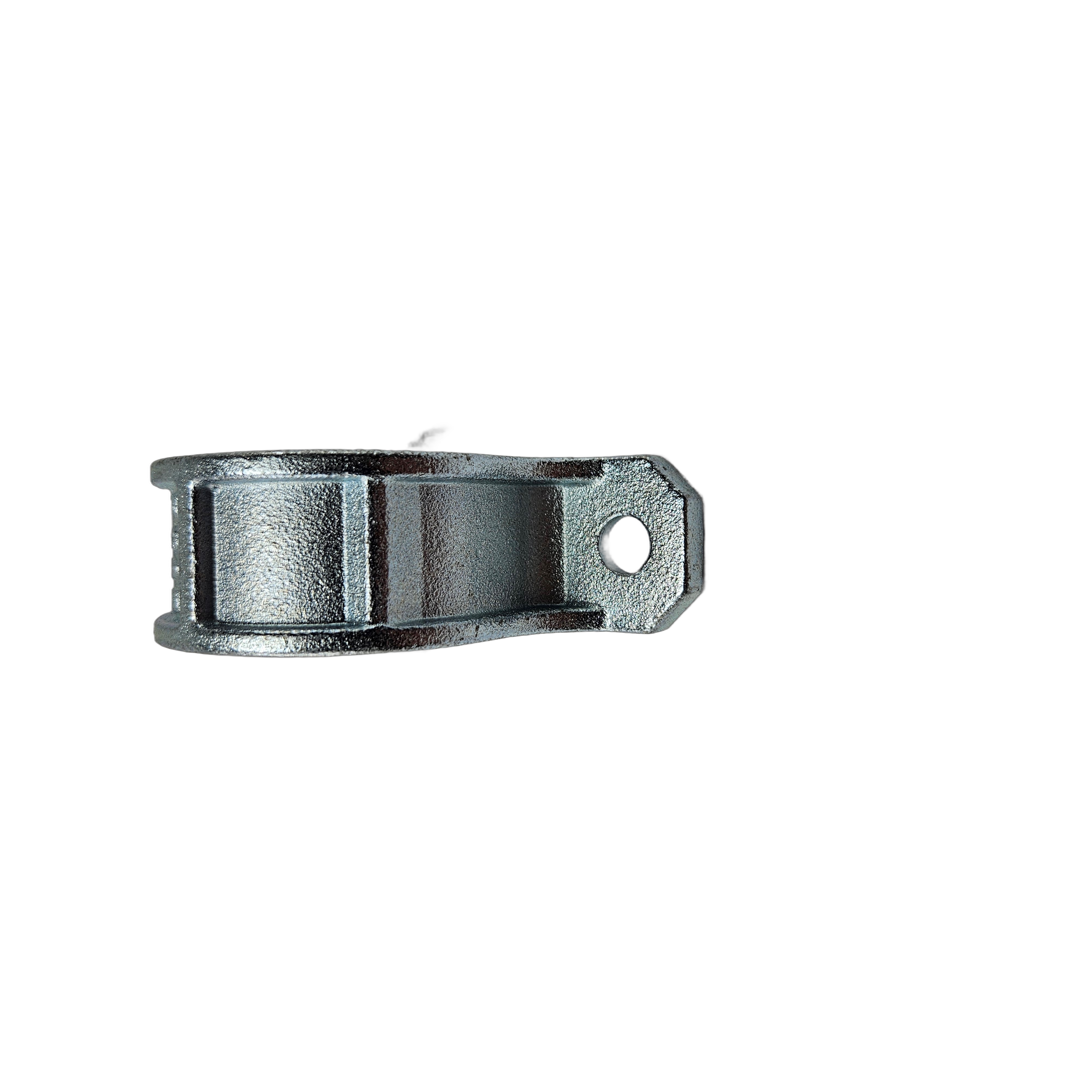 Dark gray metal sway bar cap bracket with a single mounting hole and curved clamp design.